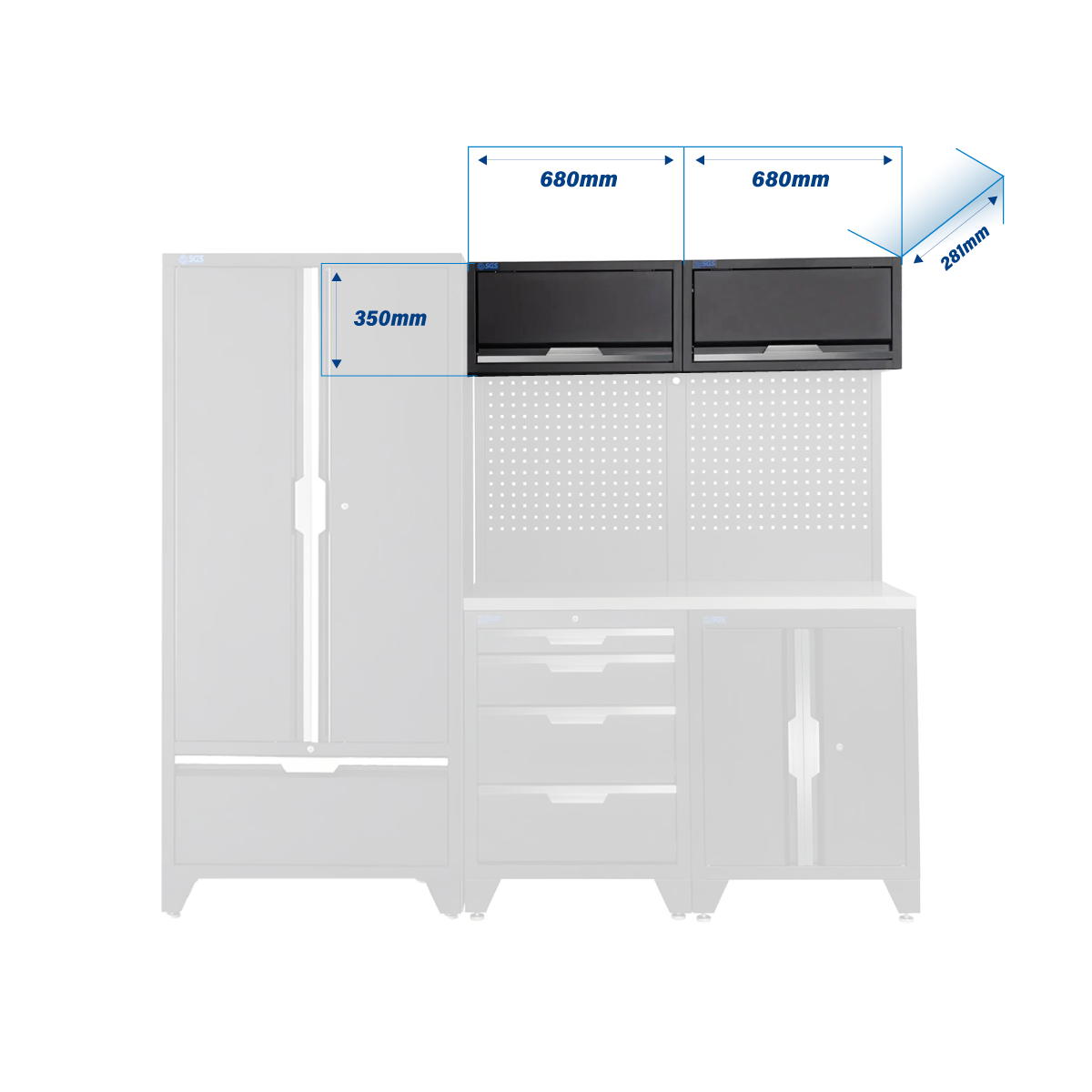SGS 7pc Garage Storage System | 4 Drawers | Stainless Steel Worktop | Floor Cabinet | 2x Upper Cabinets | Tall Double Cabinet with Drawer